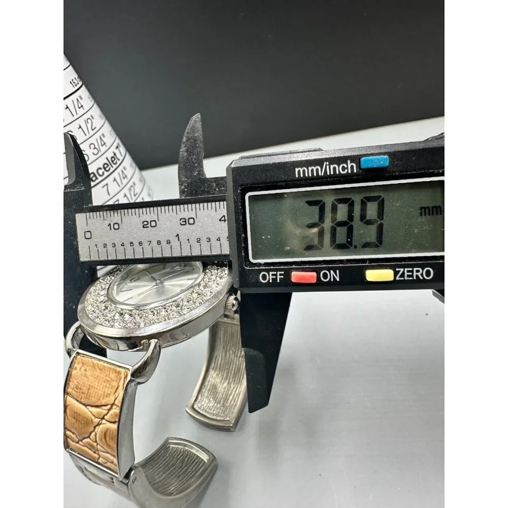 3/$30 Silver Tone Women Cuff Watch Rhinestone Bezel Arabic Numerals Works 7